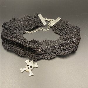 Black Lace Choker Necklace with Skull Pendant
